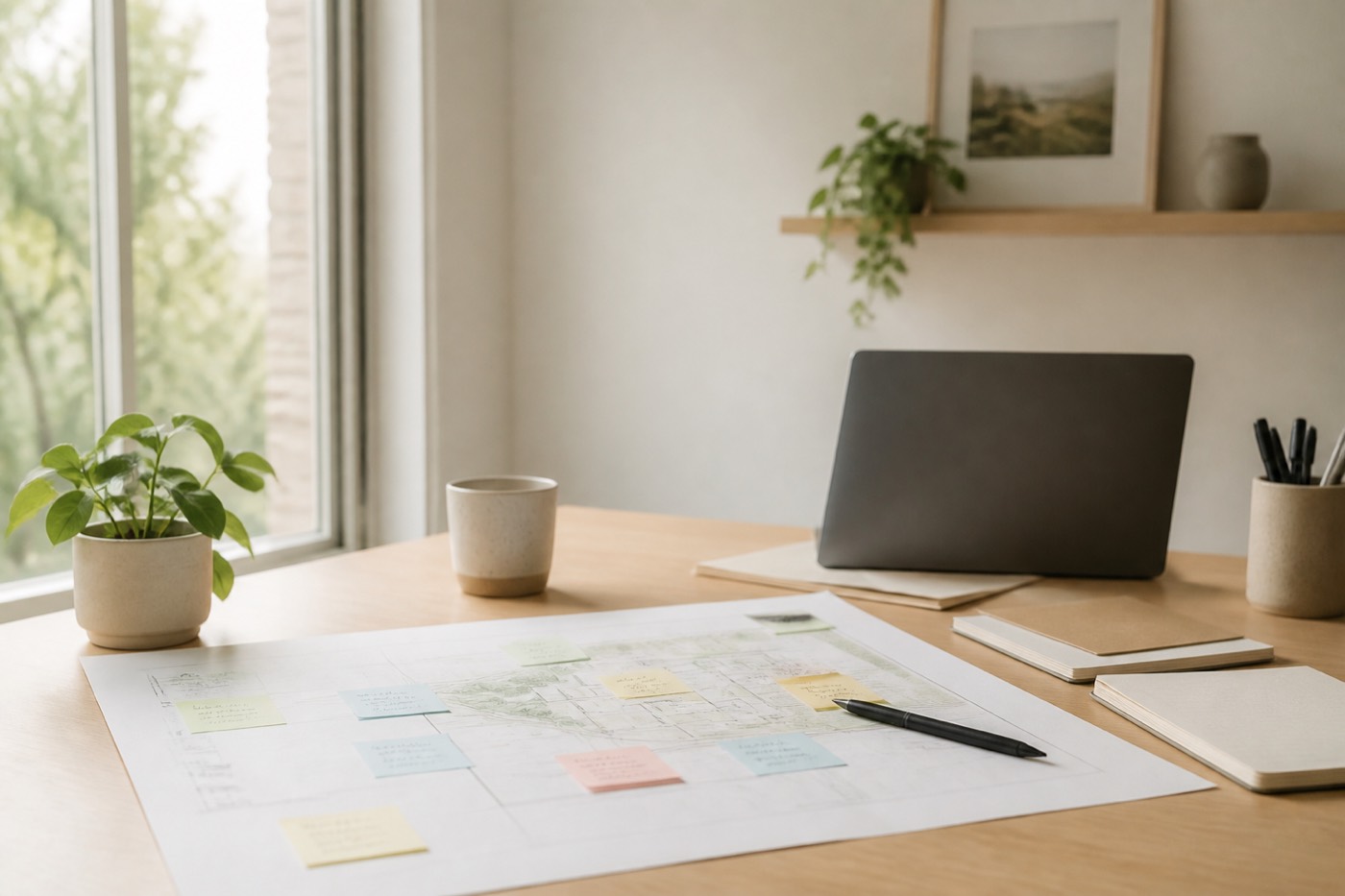 Calm workspace with a simple plan mapped out on a light wall