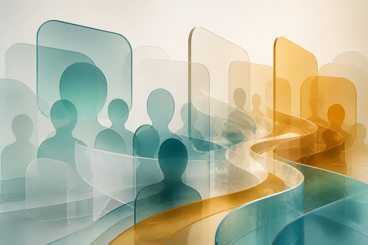 Layered translucent shapes representing audiences, messages and journeys